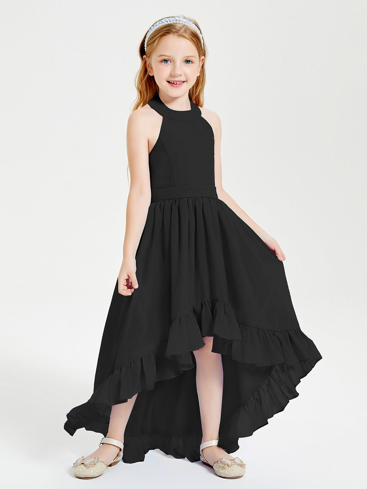 Trendy Boho Junior Bridesmaid Dresses Asymmetrical Cascading Skirt Black